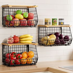 Stackable Fruit Baskets with Bamboo Lid: 3 Pack Hanging Fruit Basket for Kitchen Counter