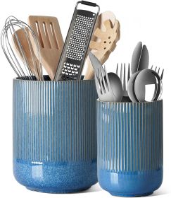 Utensil Holder for Kitchen Counter, 7.3"+5.4" Fluted Ceramic Utensil Crock Organizer for Countertop, Heavy Large Holder for Spatulas, Spoons, Set of 2